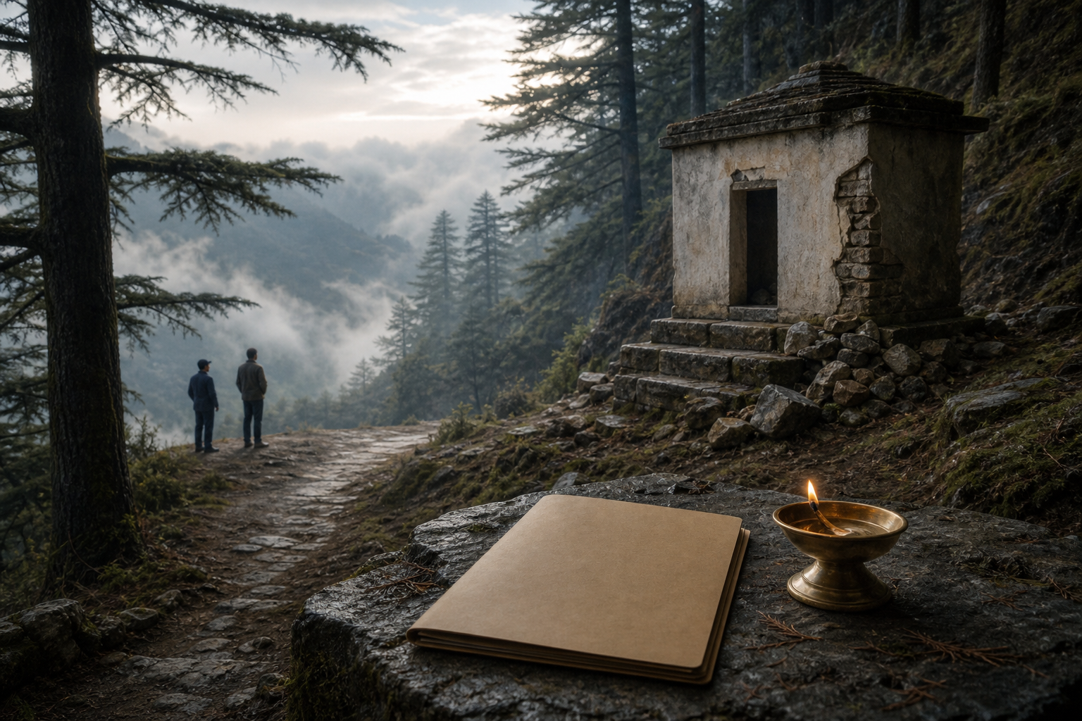 Editorial illustration of a small damaged masonry shrine on a misty Mussoorie hillside, with an evidence folder and glowing oil lamp in the foreground.