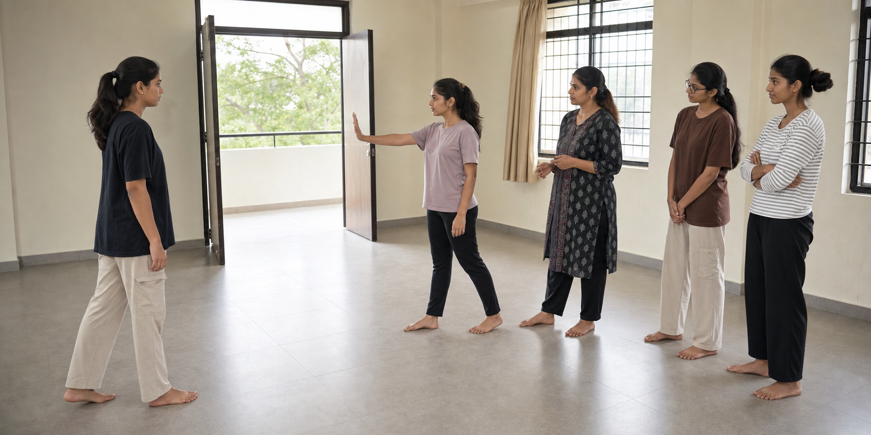 A student uses distance and an open-hand boundary gesture while facing an exit during a supervised self-defence role-play.
