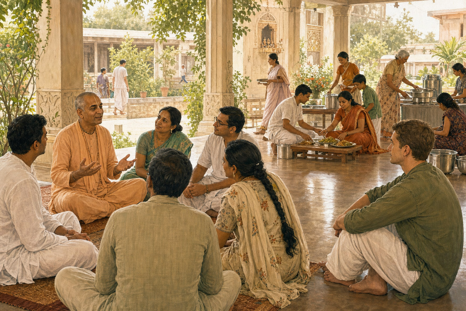 A visitor observes a Vaishnava teacher speaking with a small group while community members prepare and serve a shared meal nearby.