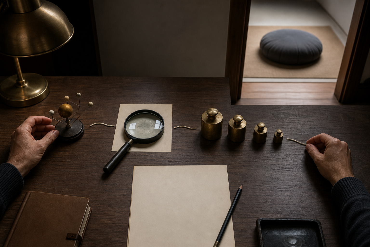 Hands arrange a model, magnifying lens, brass balance weights, and a meditation cushion along a sequence on a wooden desk.