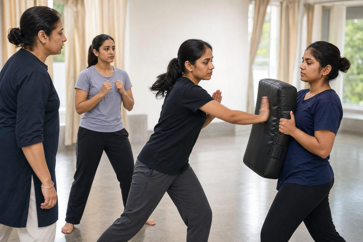 Two women practise a controlled strike with a training pad as an instructor supervises their stance and spacing.