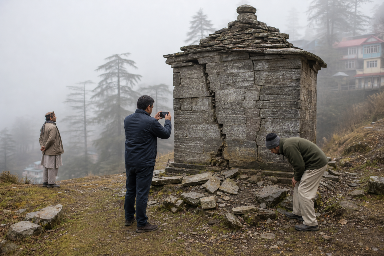 Editorial illustration of civil inspectors documenting cracked masonry and displaced stones at a small shrine-like structure on a foggy hillside.
