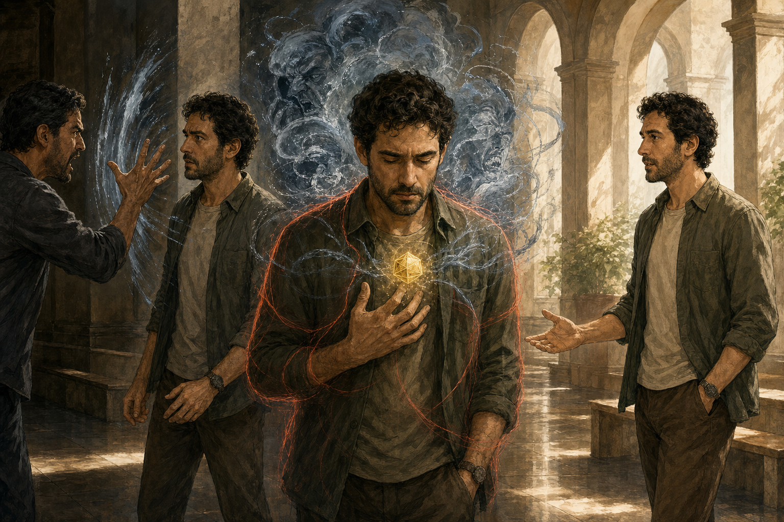 Three views of one person show an angry encounter, an internal pause amid turbulent thoughts, and a calm response with an open hand.