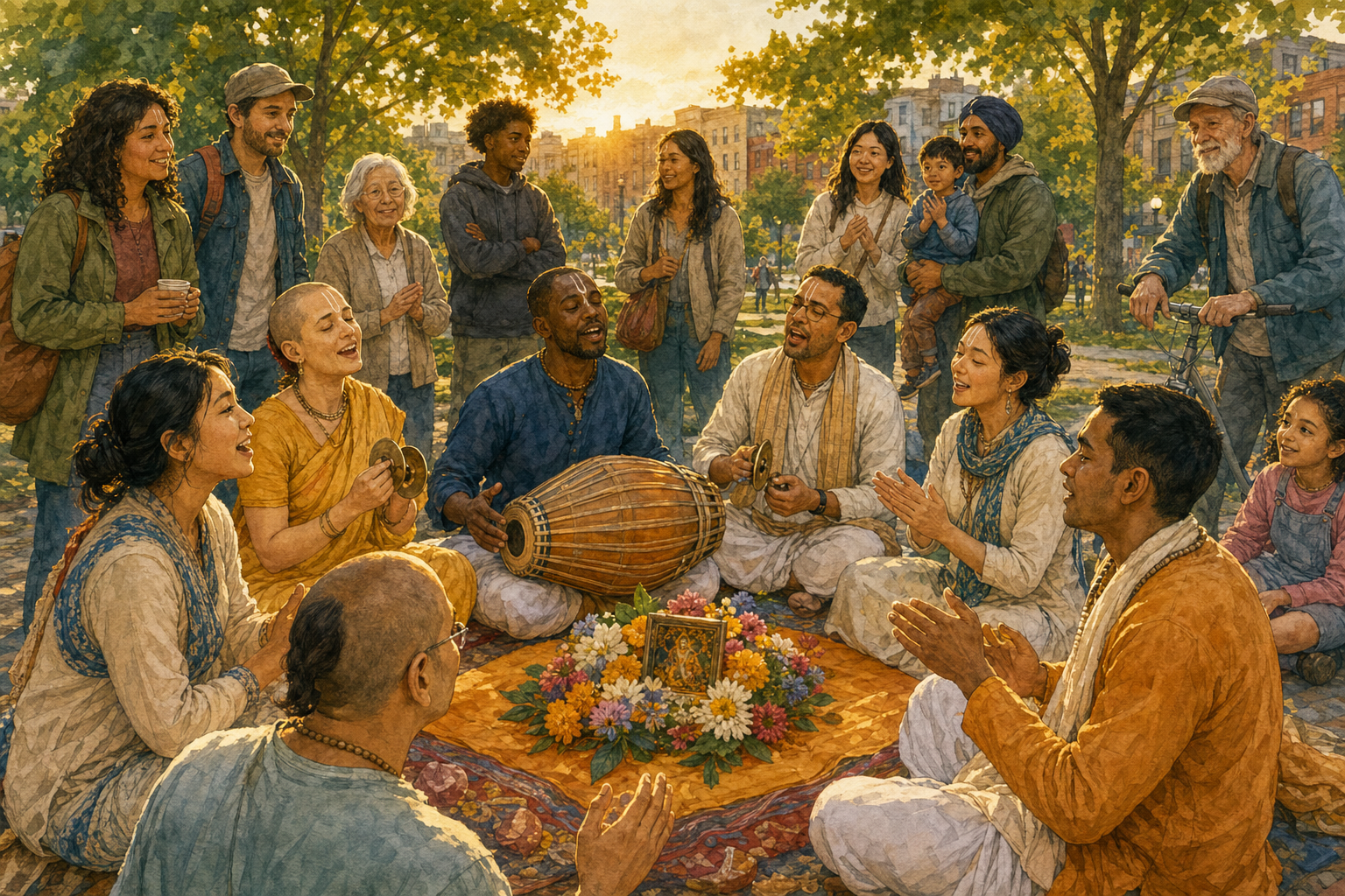 Vaishnava devotees sing in a public park with a mridanga drum and hand cymbals as passersby gather around the open kirtan circle.