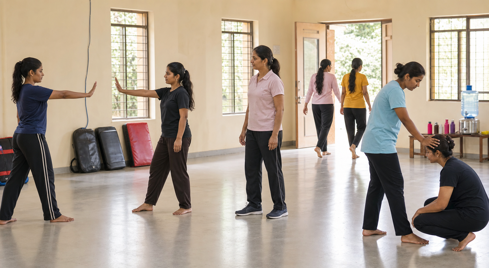 An instructor supervises several pairs of women practising spaced, low-intensity self-defence drills in a college hall.