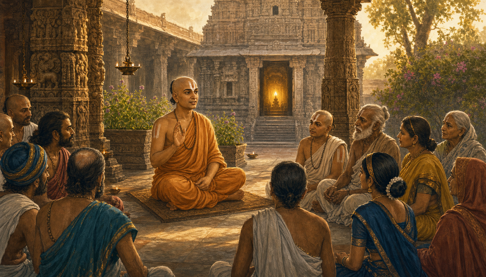 Ramanujacharya in saffron robes teaches a gathered community in a carved South Indian temple courtyard at dawn.