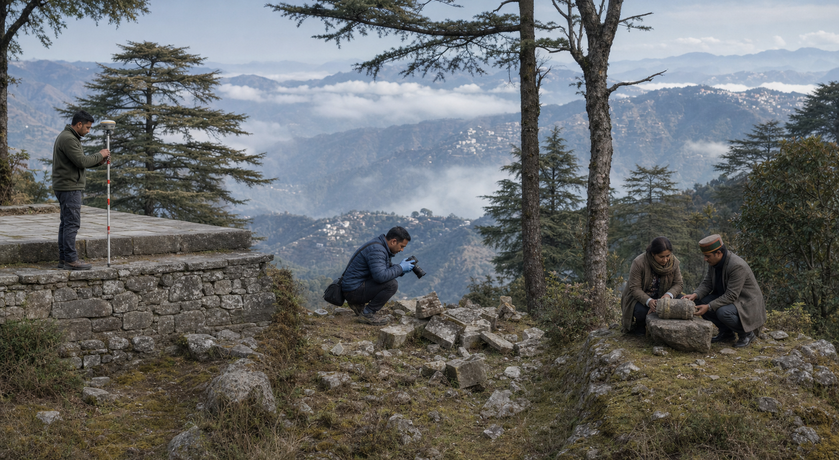 Panoramic editorial illustration separating a boundary survey, documentation of damaged masonry, and a calm heritage discussion into three parts of one hillside scene.