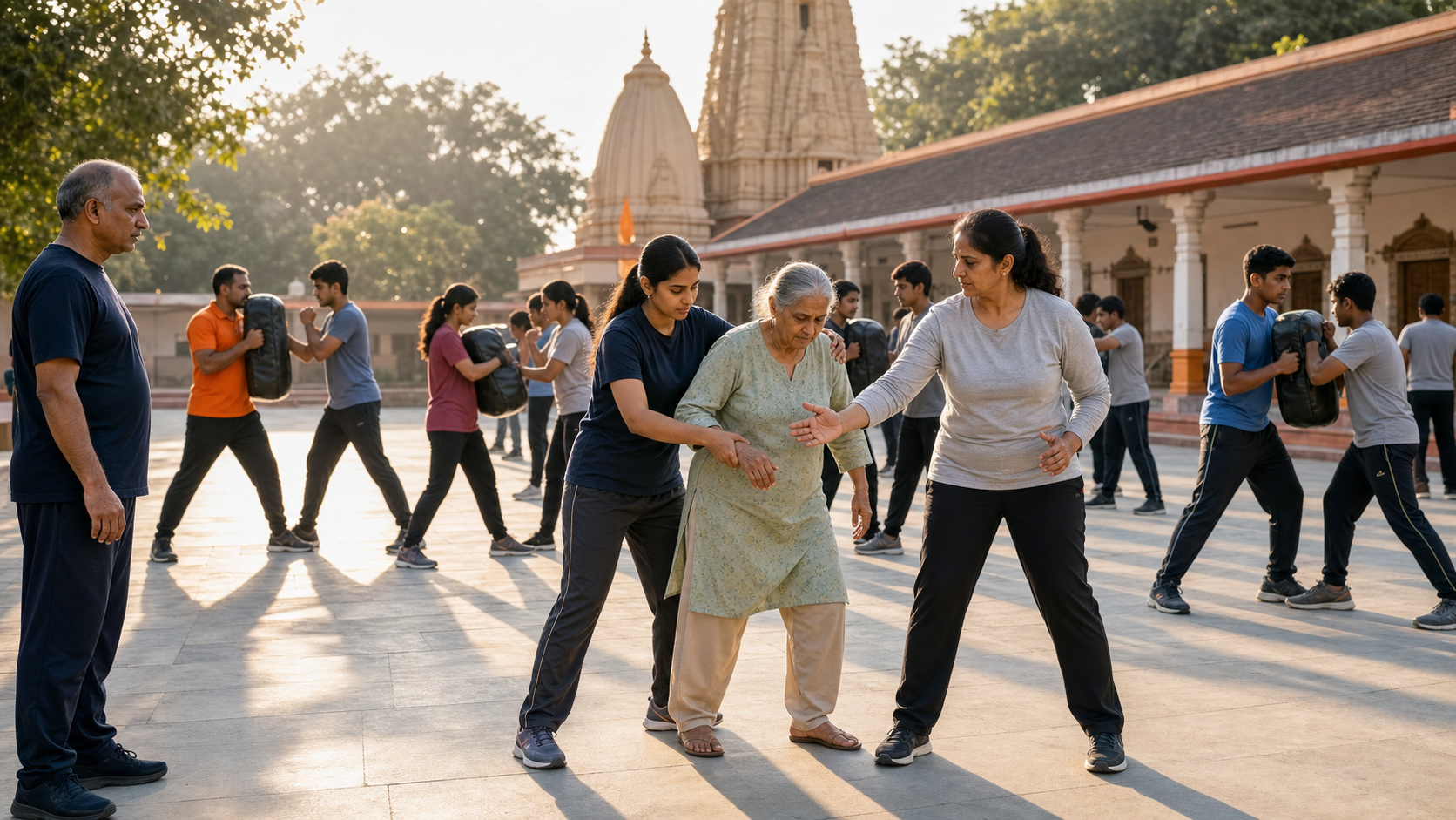 Community members of different ages practise awareness, controlled escape movements and helping a vulnerable person during a self-defence camp in an open courtyard.