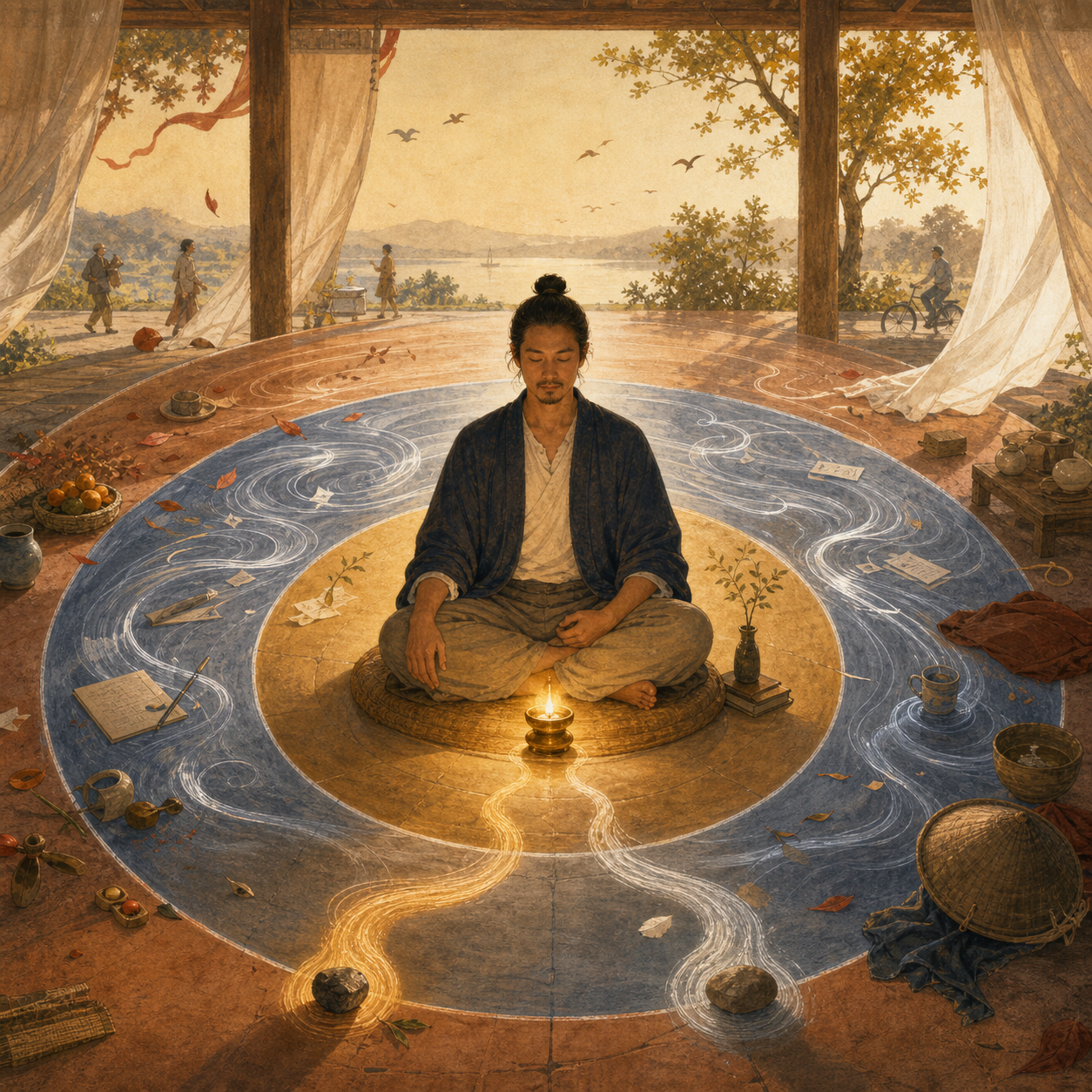 A seated person occupies layered zones where sensory distractions settle, swirling thoughts become orderly, and two possible paths meet a steady golden light.