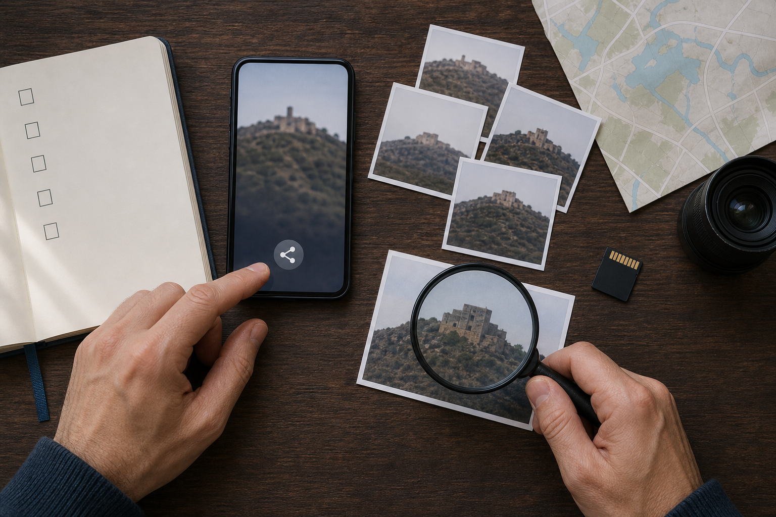 Overhead editorial illustration of a person comparing video frames and other evidence before sharing an ambiguous hillside clip on a smartphone.