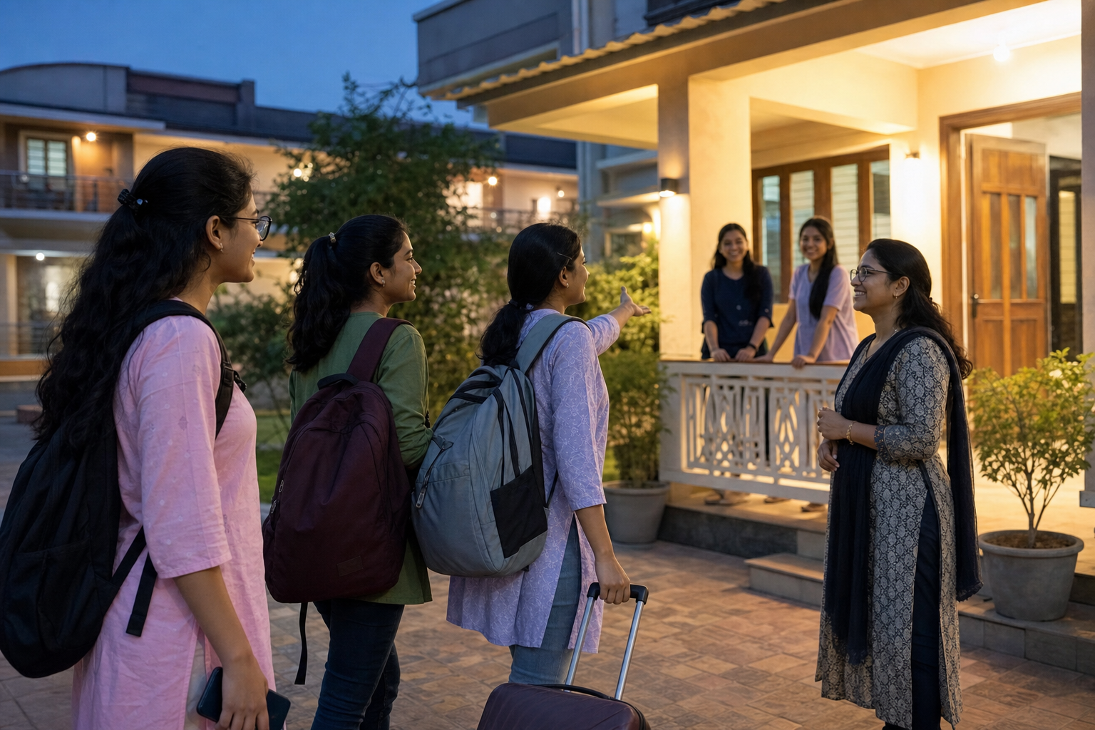 Women return together to a well-lit college hostel entrance and check in with a female supervisor at dusk.