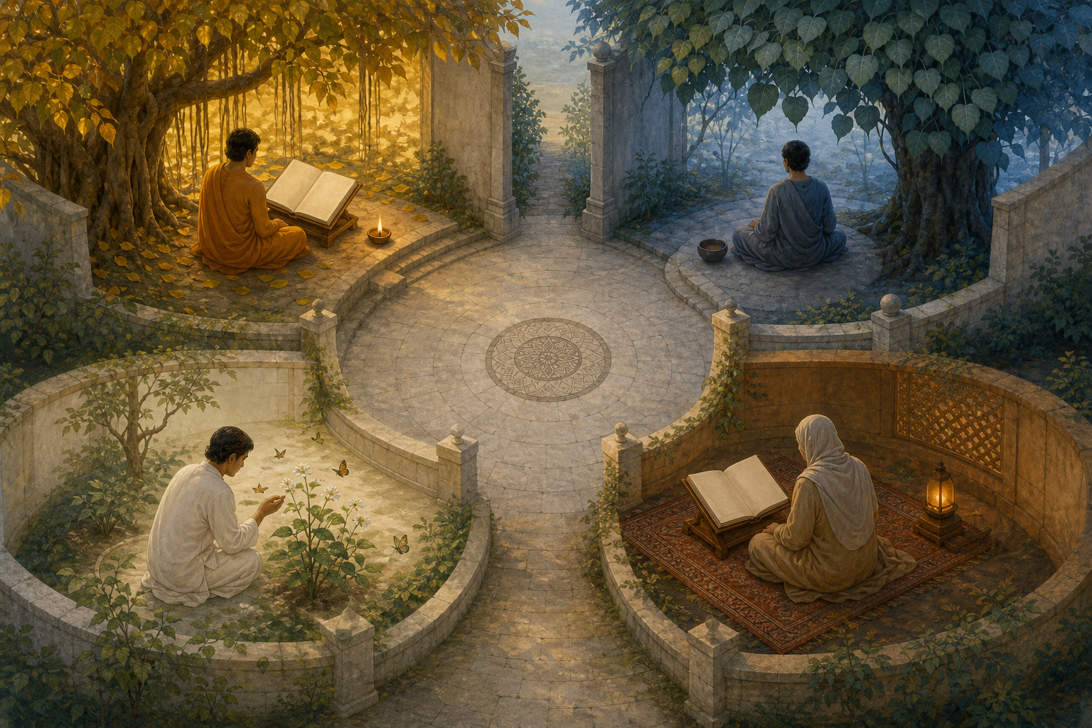 Four adult learners study and contemplate in separate garden alcoves arranged around a quiet stone courtyard.