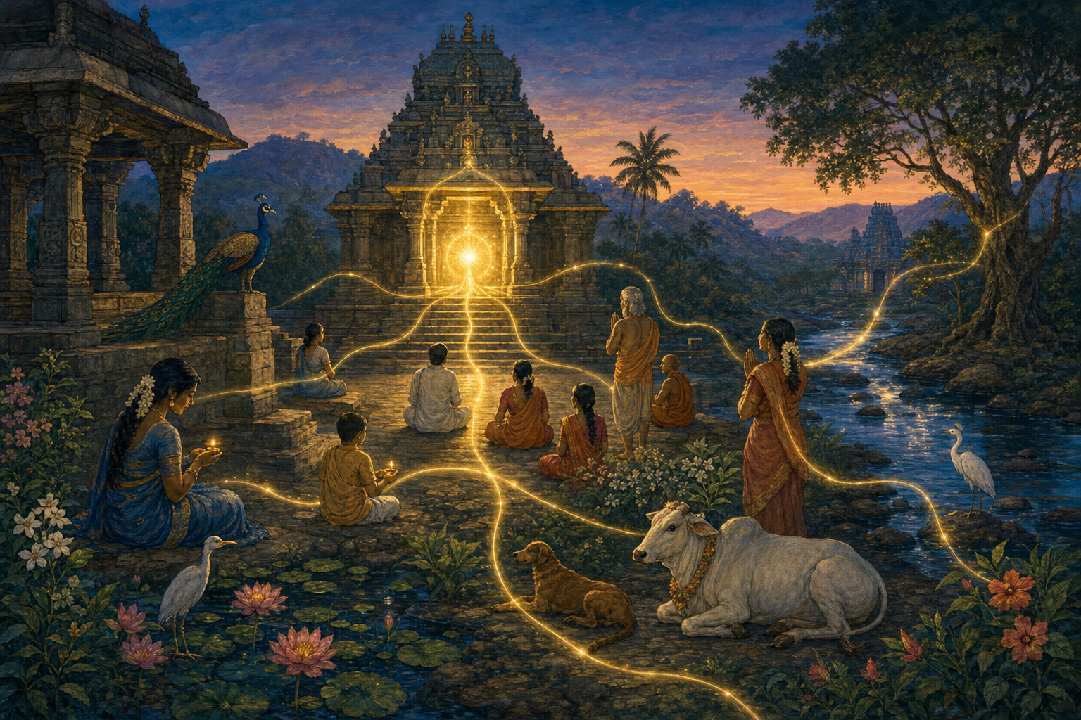 Distinct people, animals, plants, a river, and a temple are connected by golden light flowing from a luminous sanctuary.