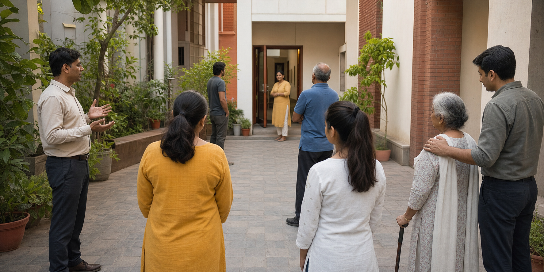 An instructor leads community members in an awareness exercise while a participant helps an older adult toward a clear doorway.