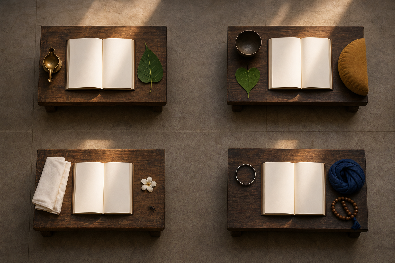 Four separate wooden study surfaces hold blank books and distinct contemplative objects without mixing them together.