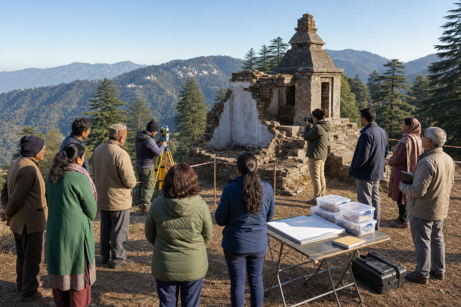 Editorial illustration of officials, conservation specialists, surveyors, and local representatives jointly inspecting a protected hillside shrine site.