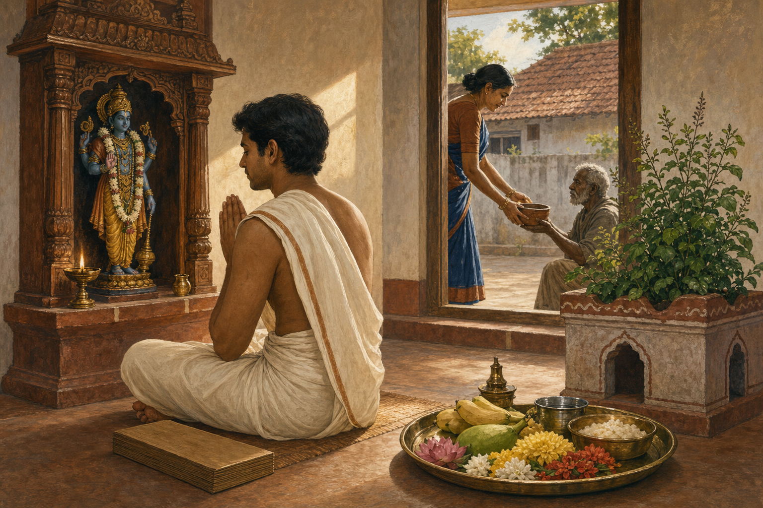 A devotee prays beside a closed palm-leaf manuscript and prepared offerings while another person gives food at the doorway.