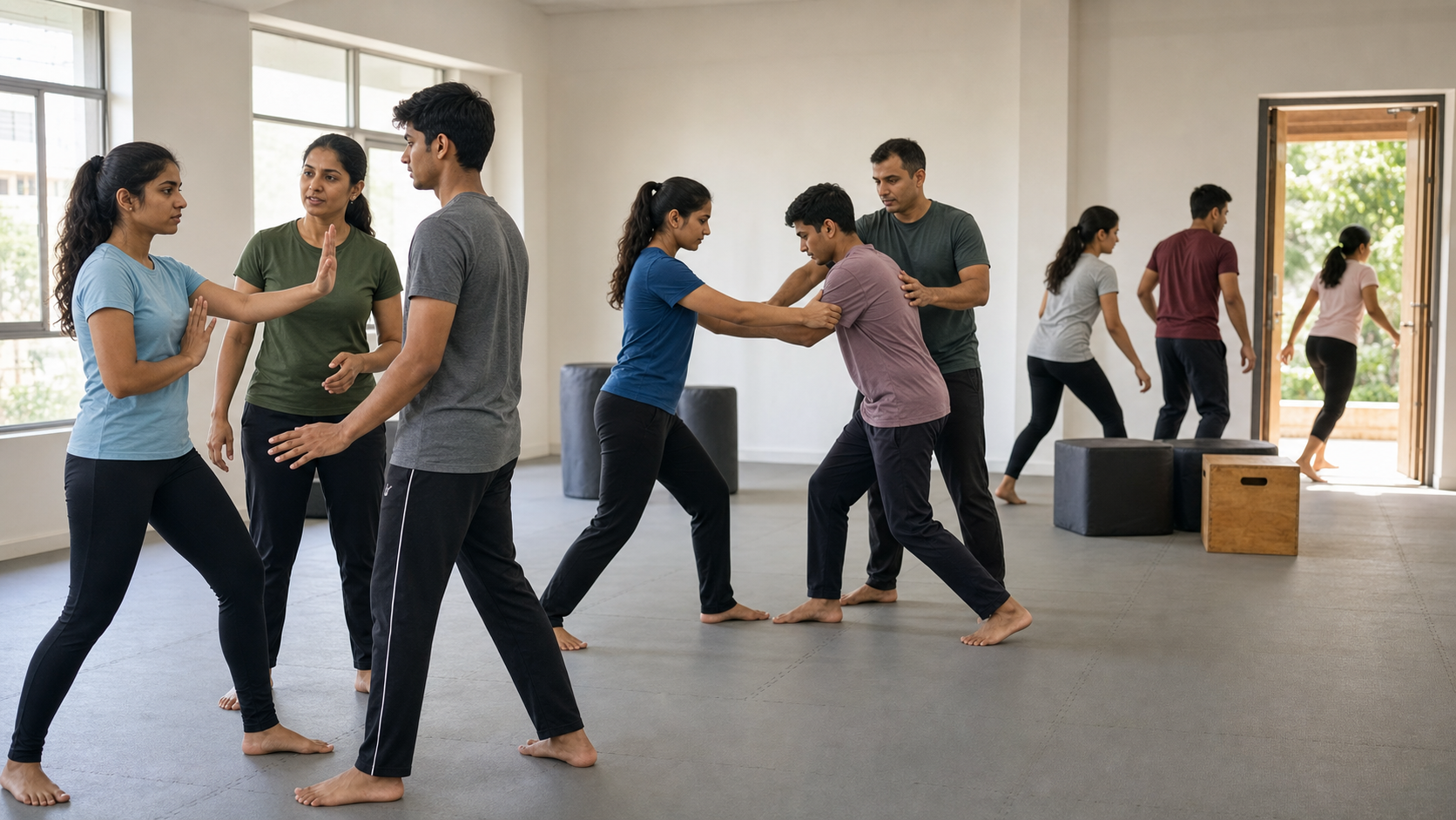Participants move through supervised self-defence stations covering posture, boundary-setting, grip releases and safe exit practice.