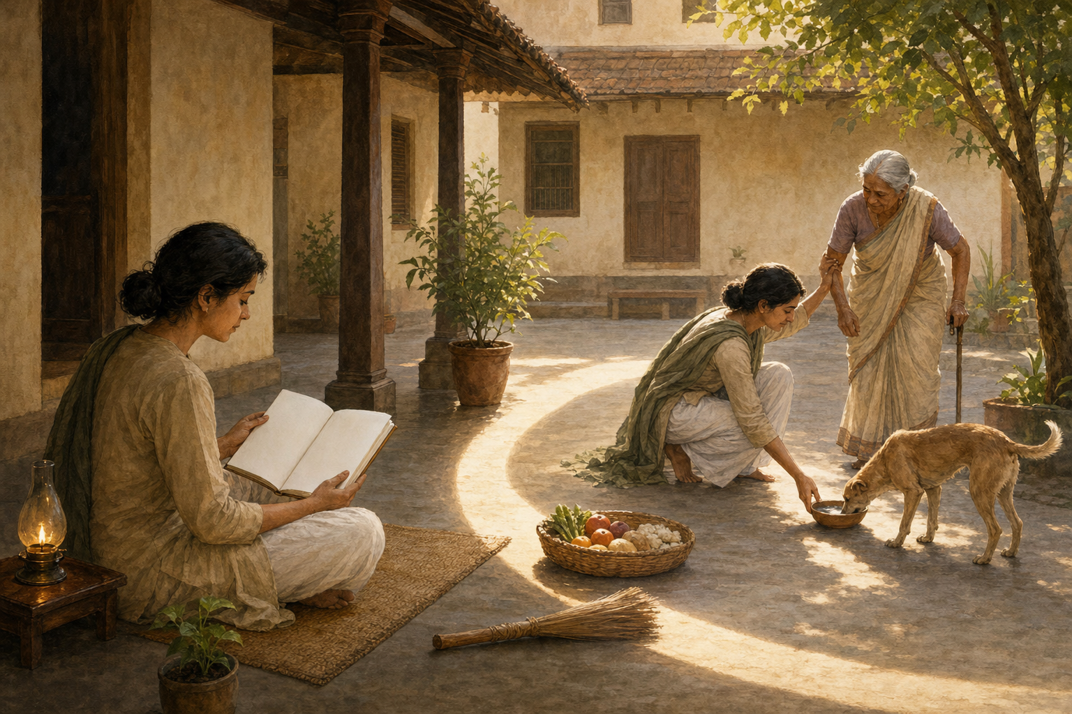 A learner studies a blank-paged book in a courtyard and then offers water to an animal and assistance to an older neighbor.