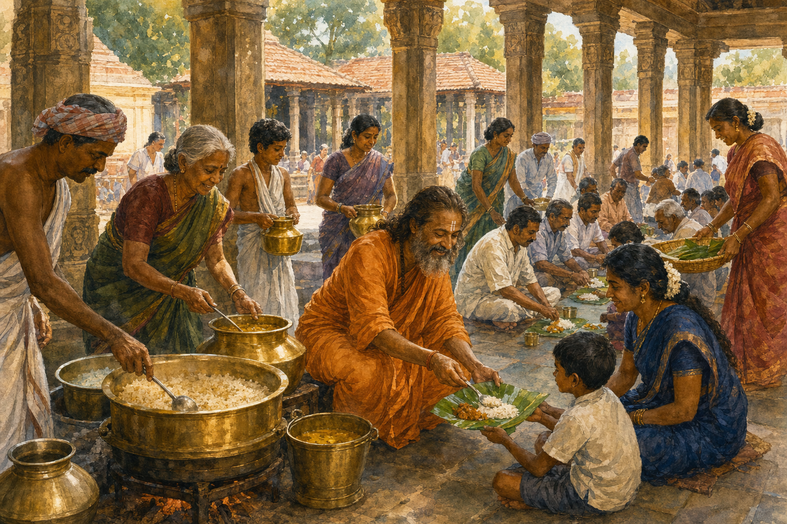 People cook, carry water, arrange leaf plates, and serve a communal meal together in a South Indian temple courtyard.