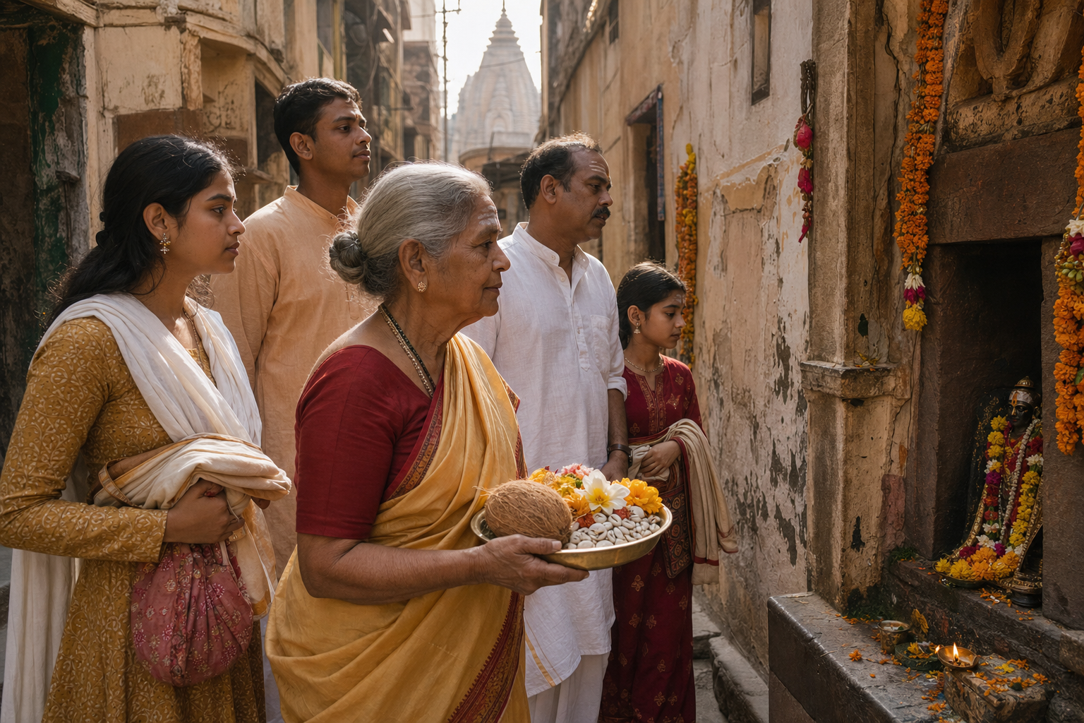 A South Indian family carries flowers, a coconut, and cowrie shells through an old Kashi lane on pilgrimage.