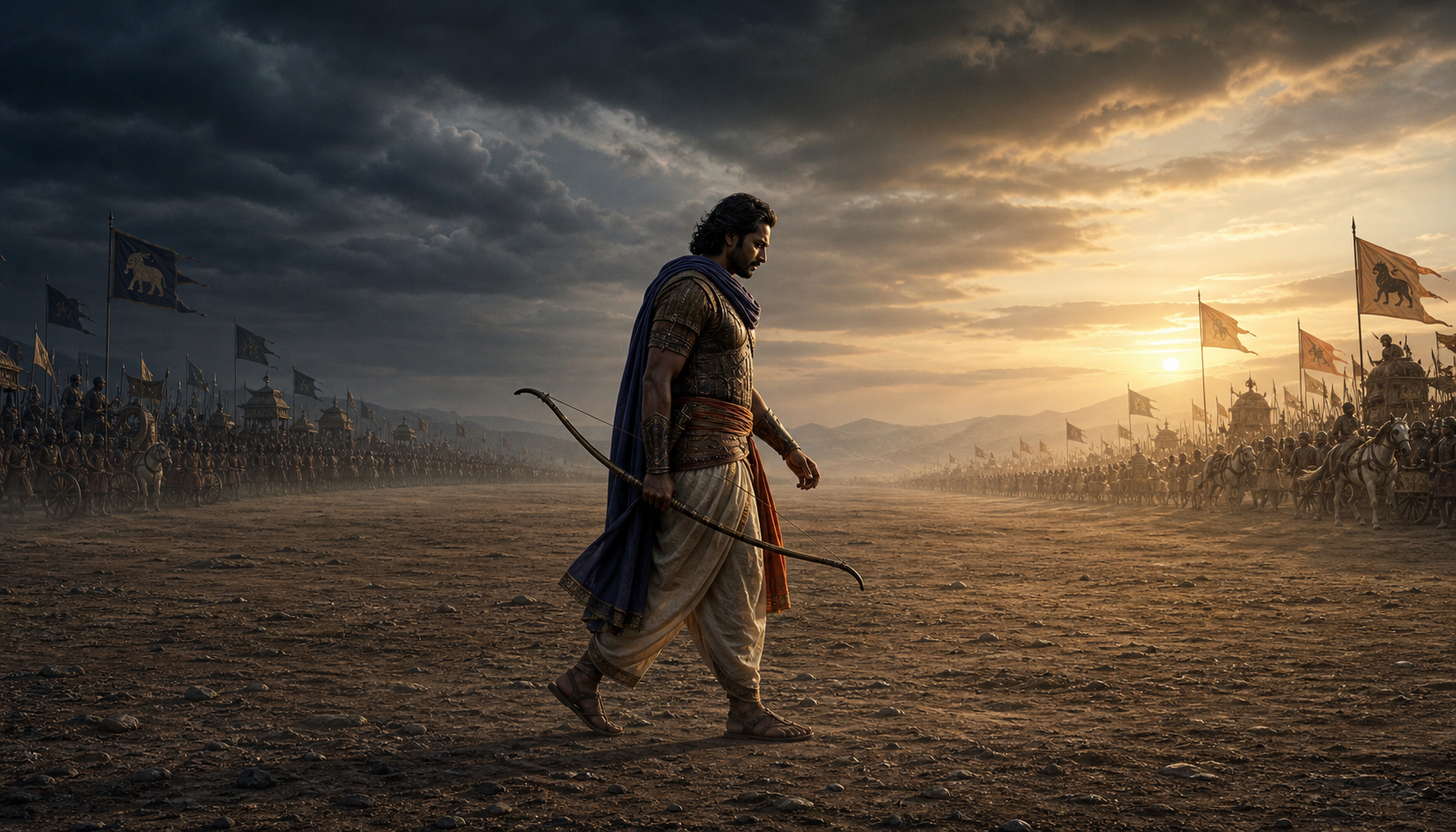 Yuyutsu walks alone across the open ground between two assembled armies at dawn, carrying his lowered bow as sunlight breaks through clouds ahead.