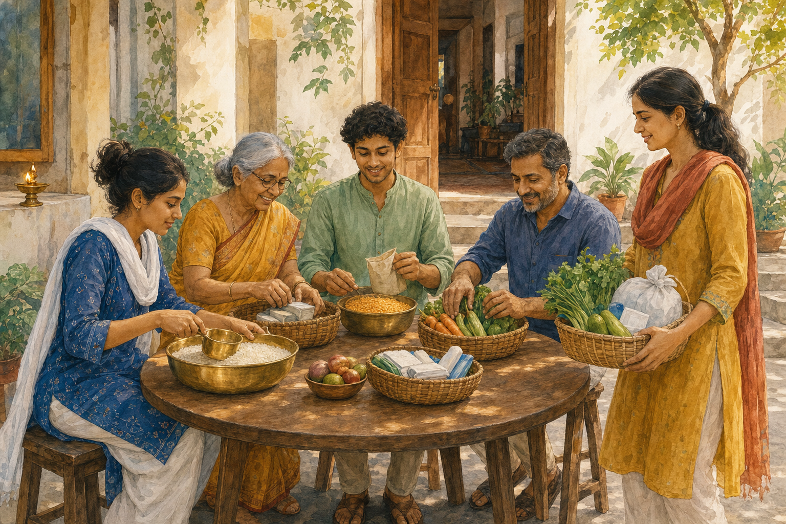 An intergenerational group portions grains, vegetables, and hygiene supplies into reusable baskets around a courtyard table.