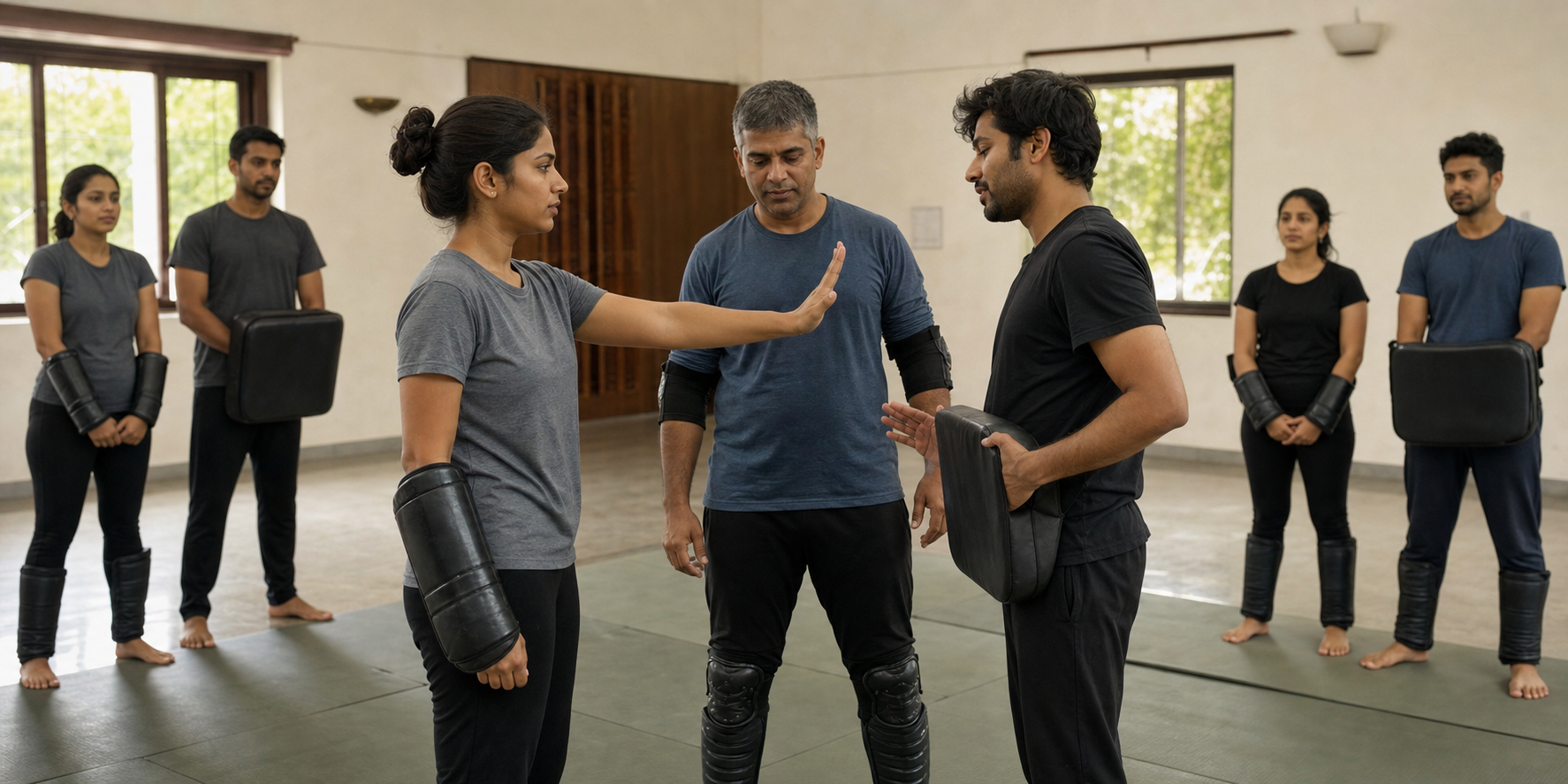 A participant signals a pause during a padded drill as their partner steps back and the instructor checks safety equipment.