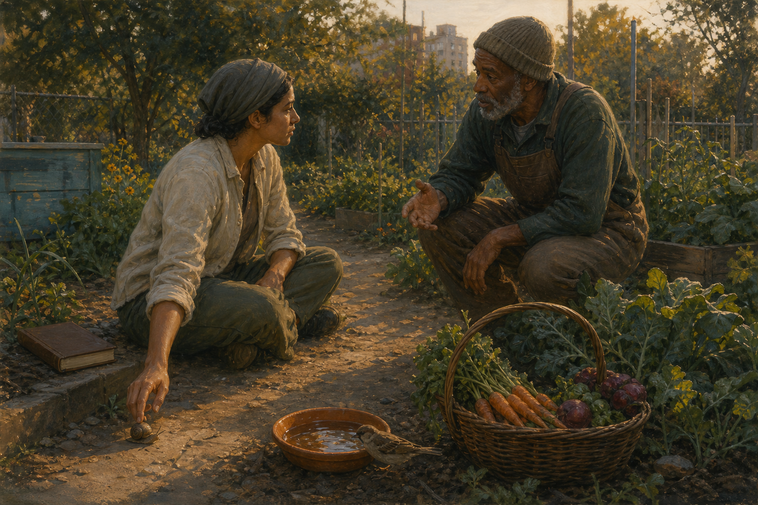 A seated learner listens to an older gardener beside a shared produce basket, bird water, and a snail moved from the path.