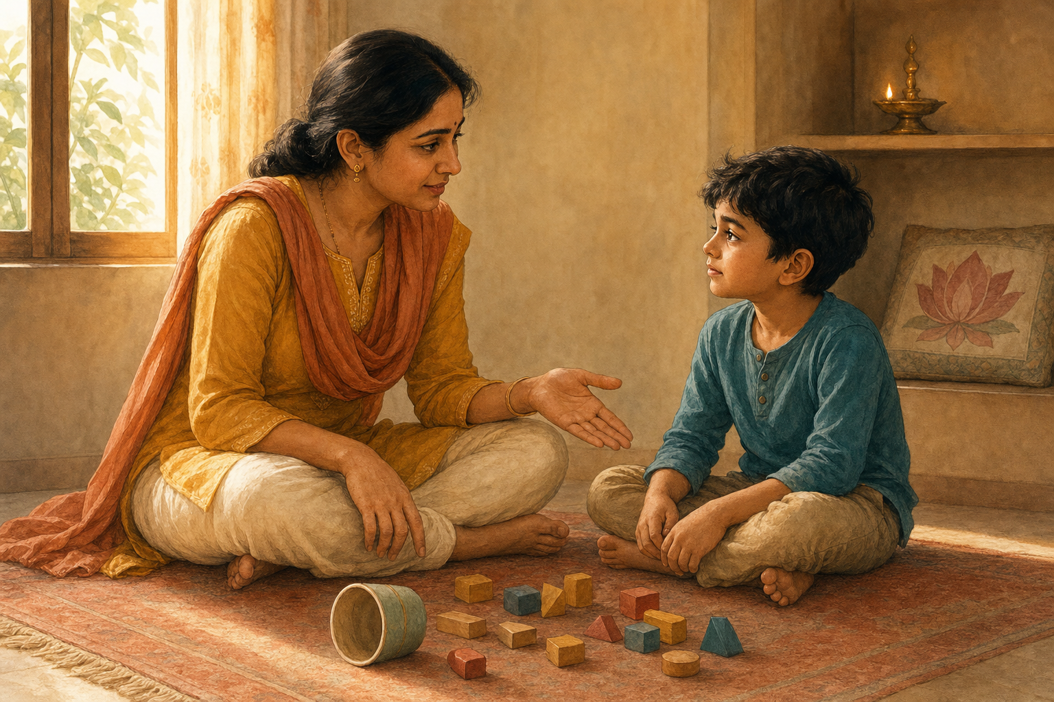 A parent calmly speaks with a child beside a spilled cup and scattered blocks in a warmly lit home.