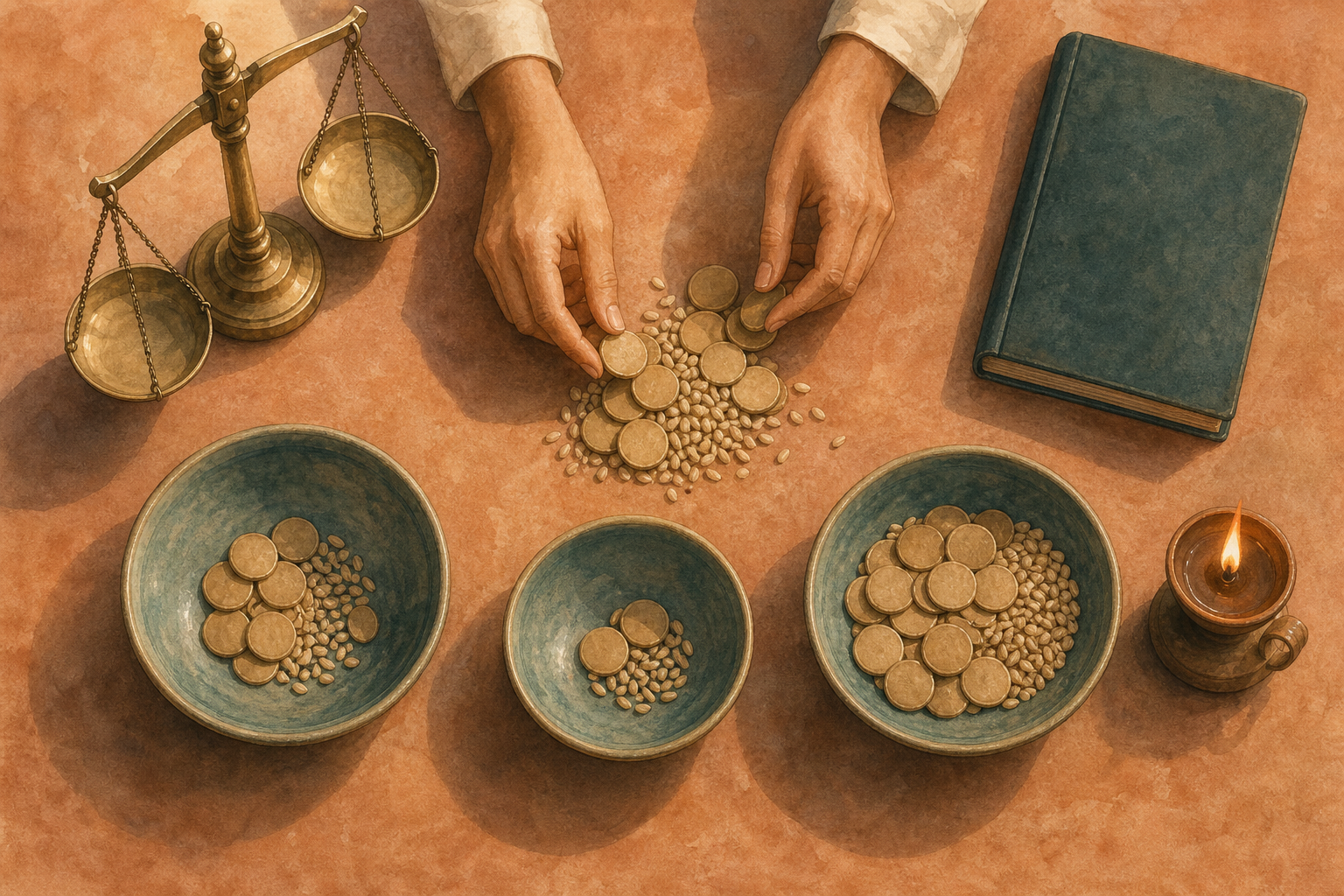 Two hands distribute coins and grains among three ceramic bowls beside a balanced scale, a closed ledger, and an oil lamp.