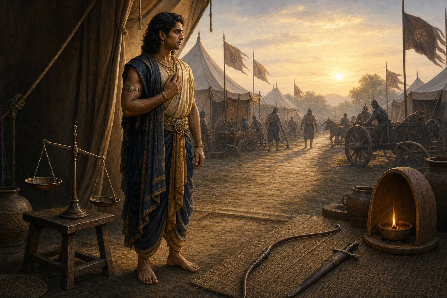 A young warrior releases a taut ceremonial cord linking him to relatives in a shadowed palace and steps across a band of lamplight.