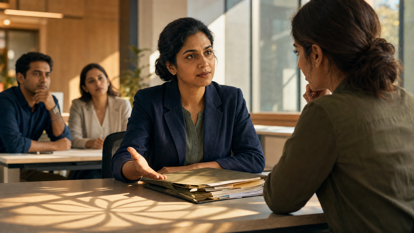 A composed team lead addresses an incomplete work handoff with a seated colleague in a sunlit modern office while two coworkers observe.