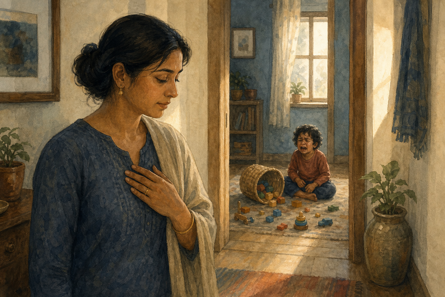 A parent and an overwhelmed child pause in a quiet hallway to calm down while scattered toys remain visible in the next room.
