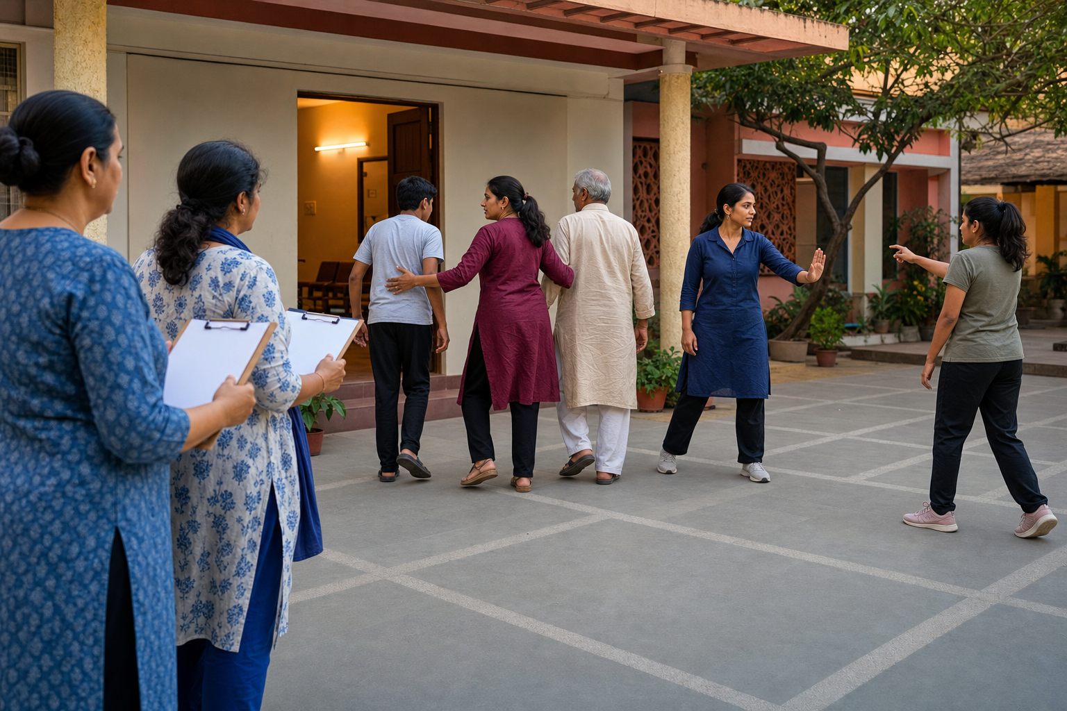 Participants in a supervised scenario guide a child and an older adult toward safety while another person alerts an instructor.