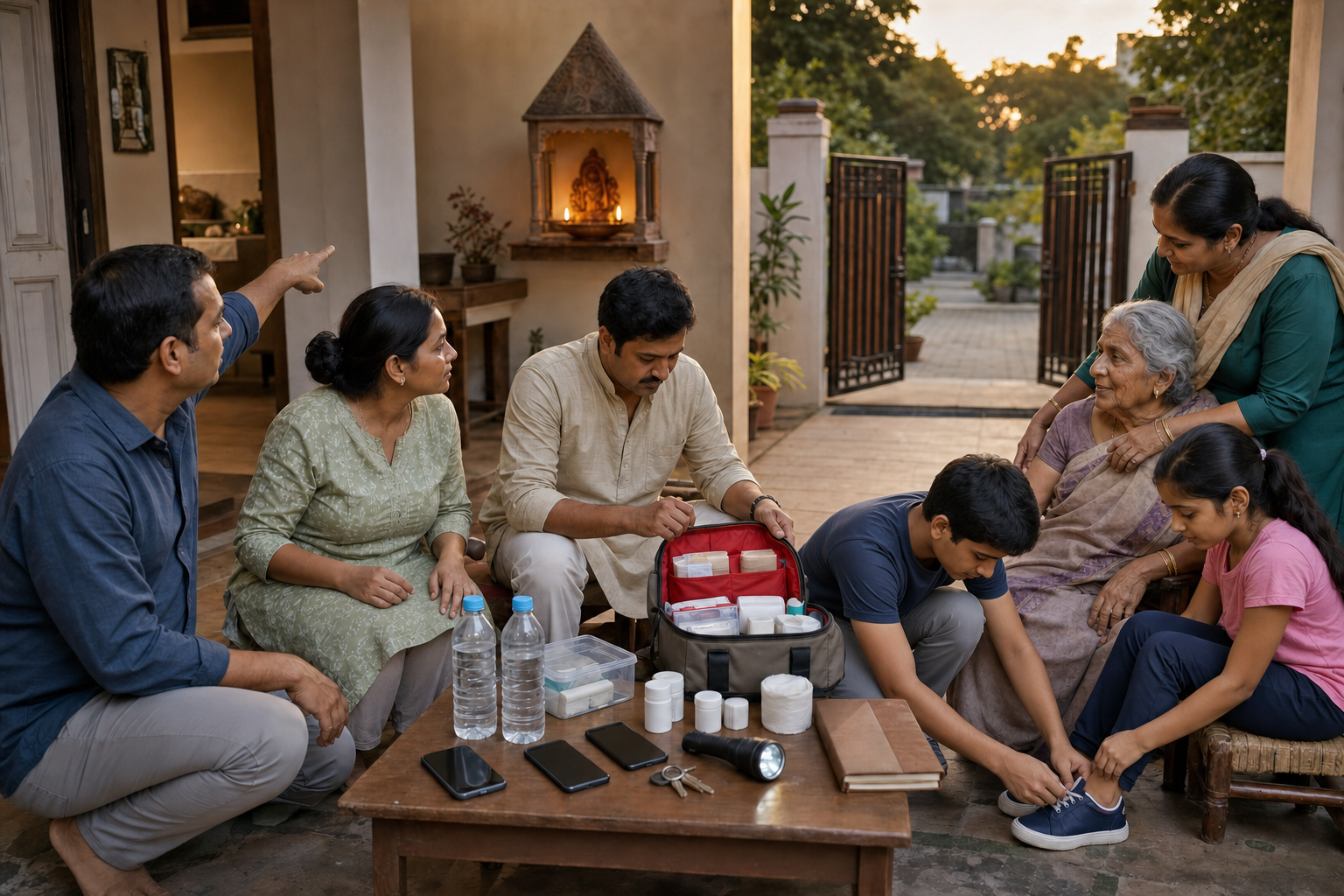 A multigenerational family and neighbors gather emergency supplies and identify an exit route in a home courtyard.