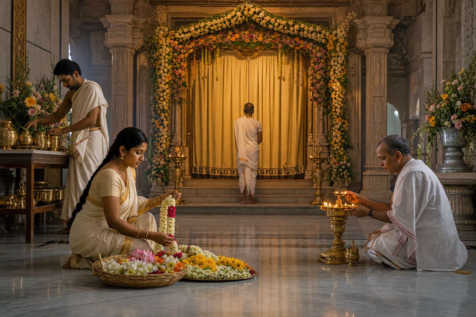 Temple worshipers prepare garlands, brass vessels and a ceremonial lamp together before closed altar curtains.