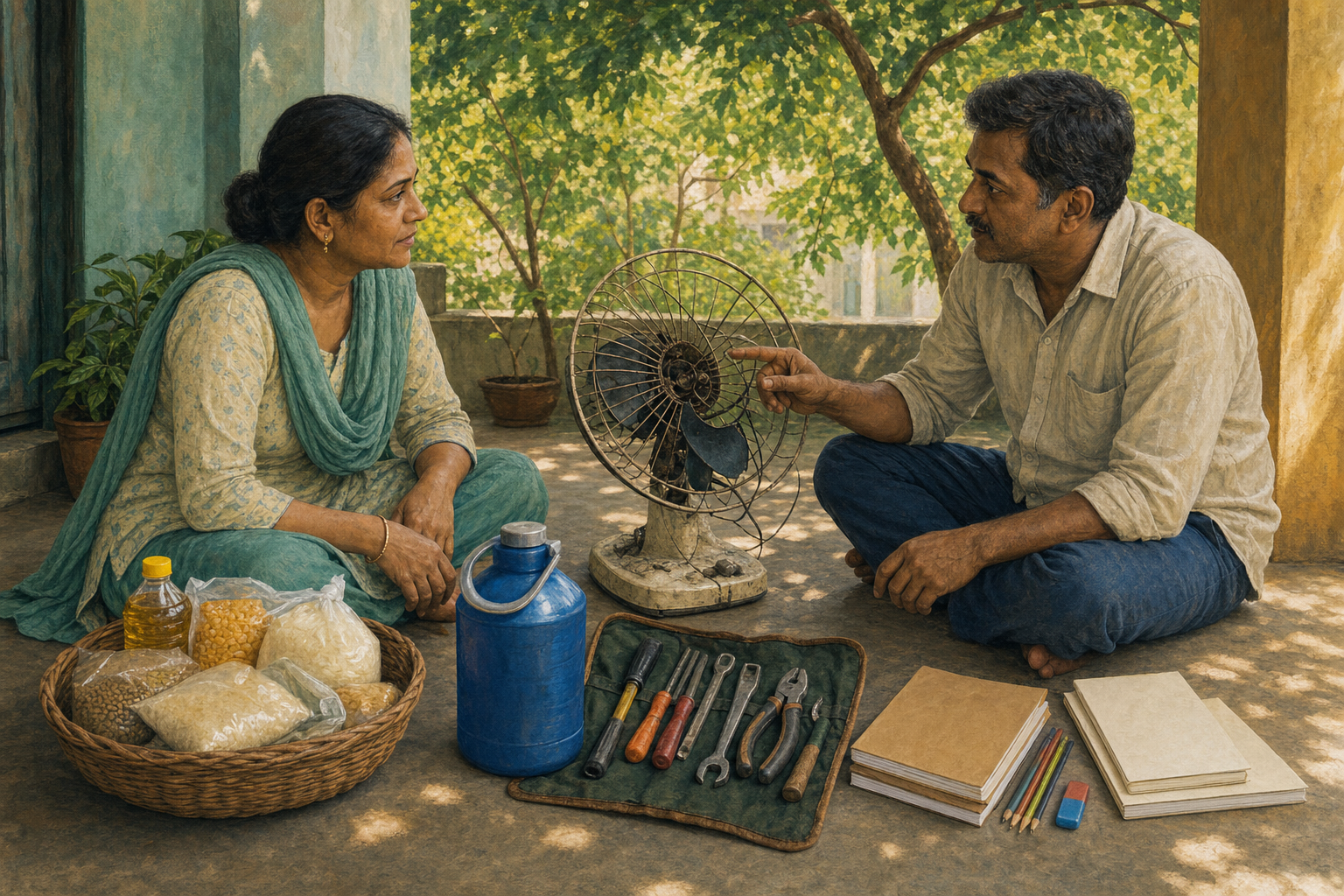 Two neighbors discuss food, school supplies, water containers, and repair tools beside a damaged table fan on a veranda.