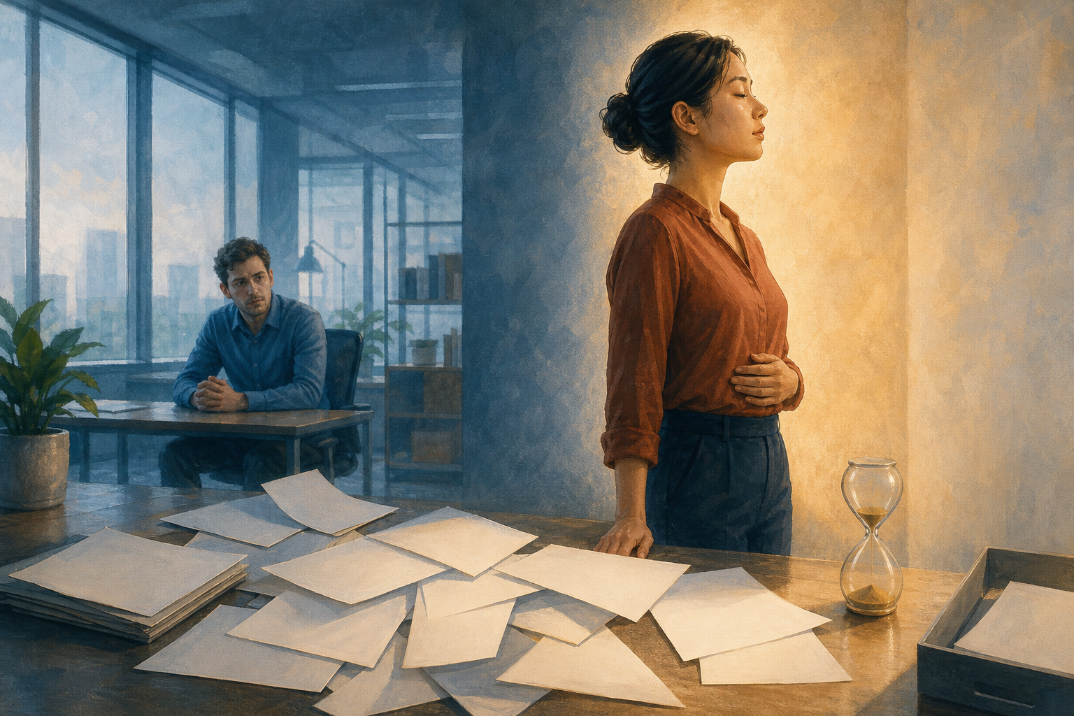 An office worker pauses calmly by a window while one crumpled page rests beside neatly arranged materials.