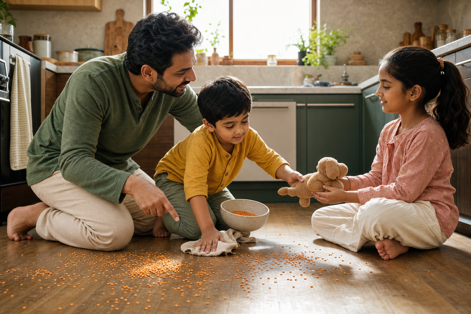 A child wipes up a spilled drink with a parent's help while a fragile cup is set aside and a reusable cup waits nearby.