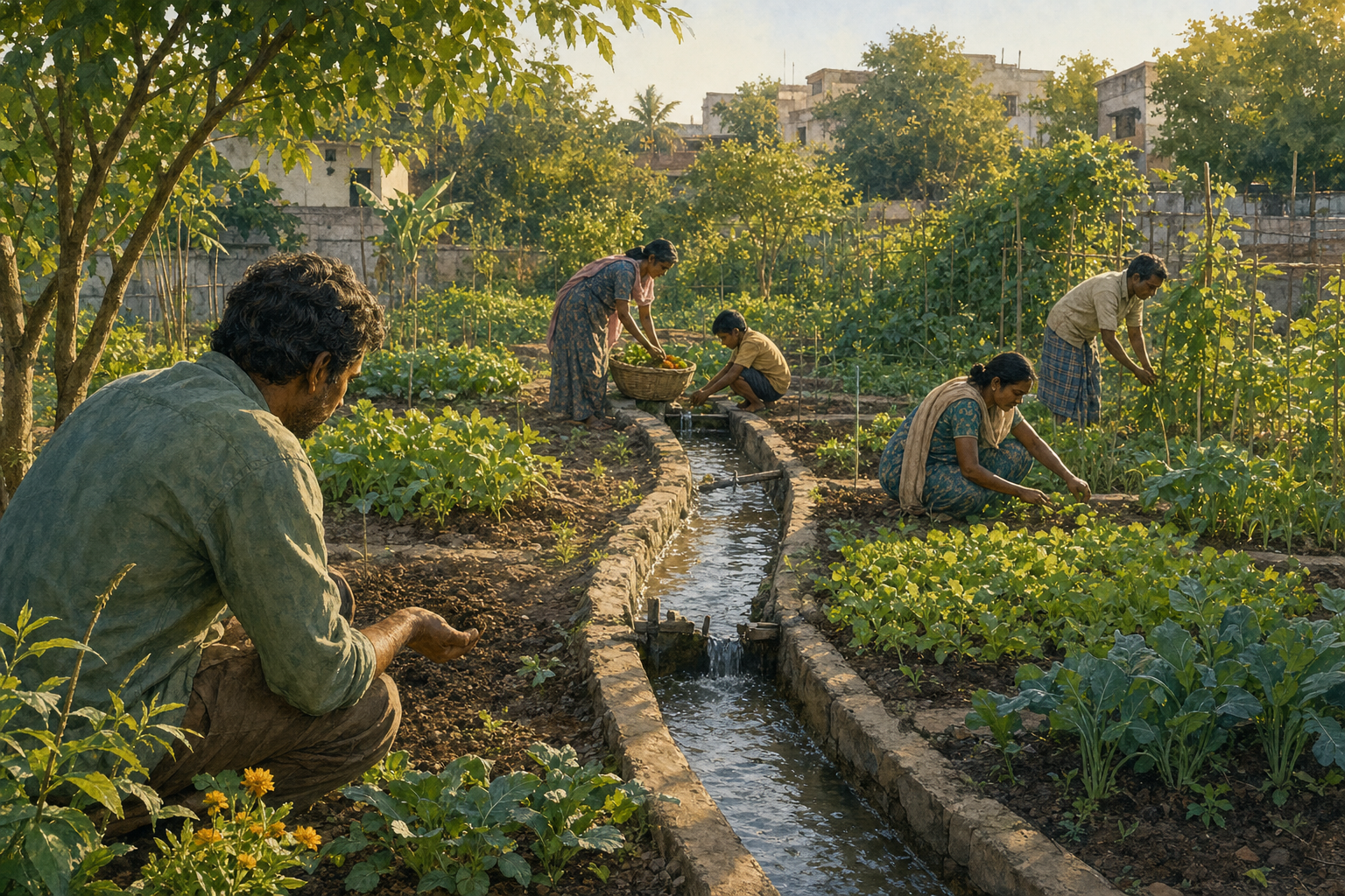 Residents tend a productive vegetable garden supplied by a repaired irrigation channel while a volunteer quietly checks the soil nearby.
