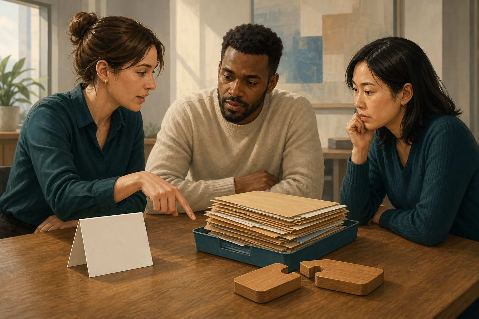 Four colleagues examine a stalled tabletop project, with one clarifying the arrangement, one managing excess materials, and one reconnecting separated parts.