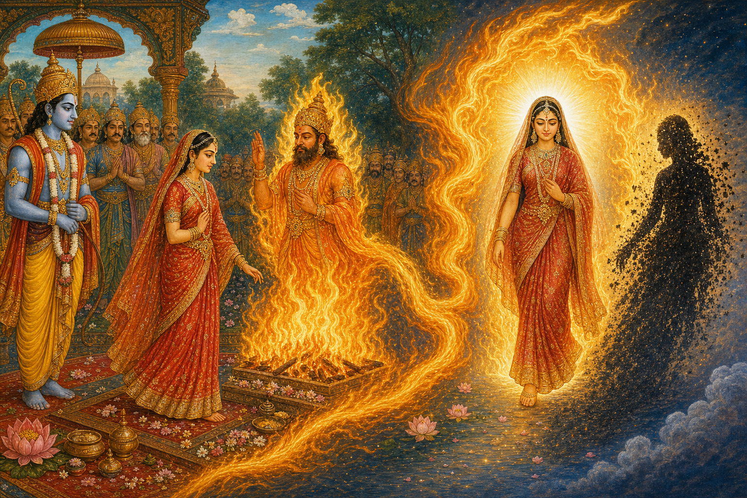 A continuous fire scene contrasts Sita's public ordeal before Rama with a luminous Sita emerging as a shadow form dissolves into sparks.