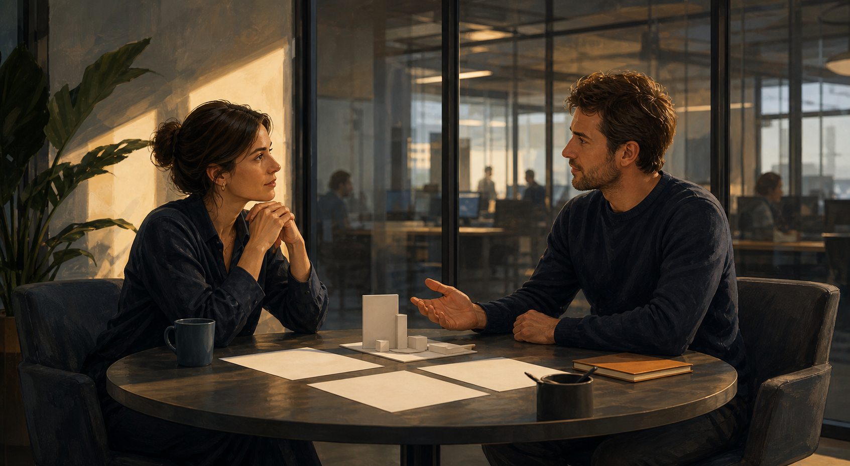 Two colleagues have a serious, respectful conversation at equal eye level in a private office meeting room.