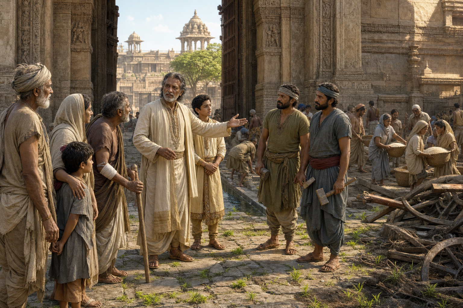 An older courtly man and a young heir listen to citizens while workers repair a water channel and distribute grain in a postwar palace courtyard.