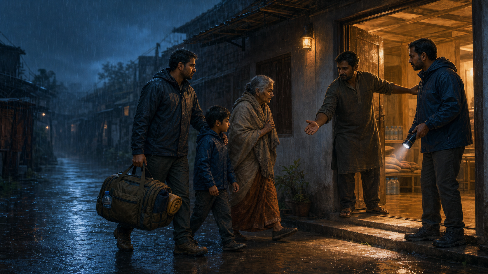 A South Asian adult carrying an emergency bag guides a child and an older relative through heavy rain toward neighbors waiting at a warmly lit community shelter.