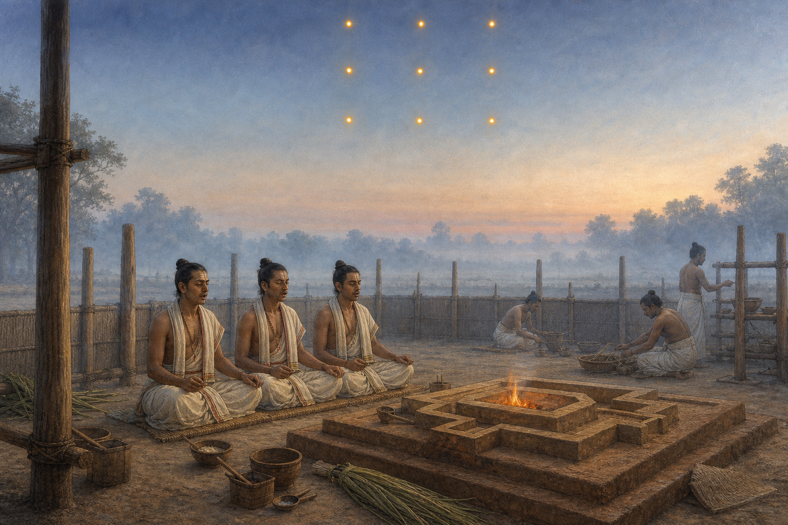 Three Sama Veda officiants chant beside a ritual fire at dawn, with nine small golden lights above the open-air enclosure.