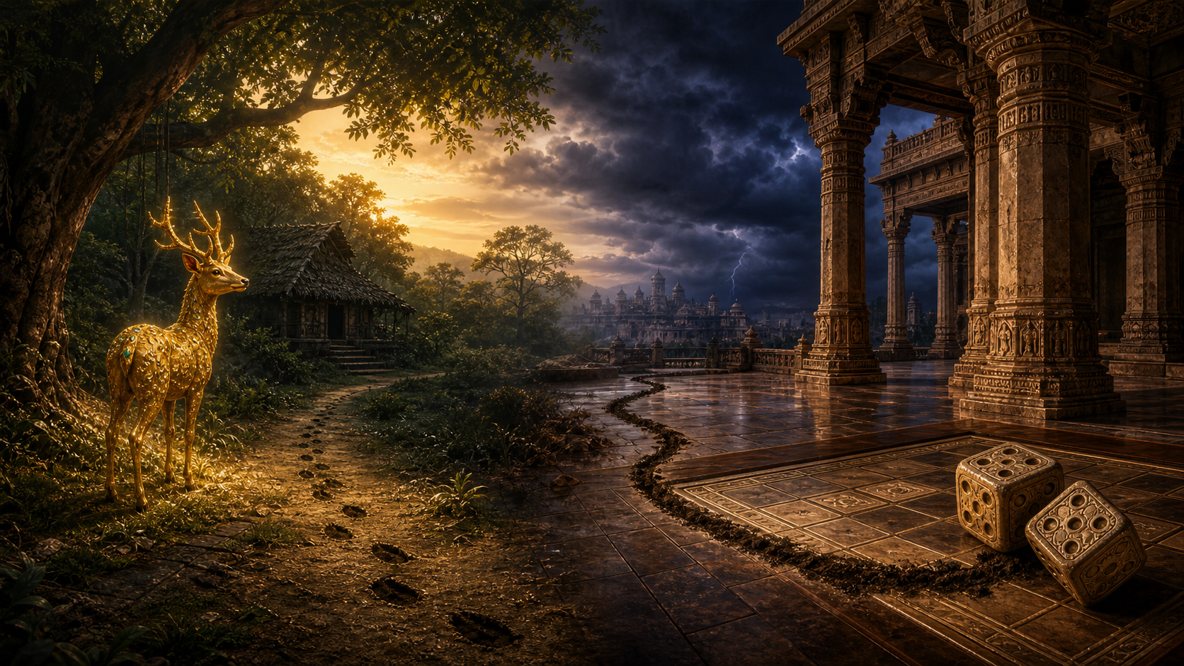 A glowing golden deer near a forest hermitage is visually linked by a dark winding trail to dice on a palace gaming board.