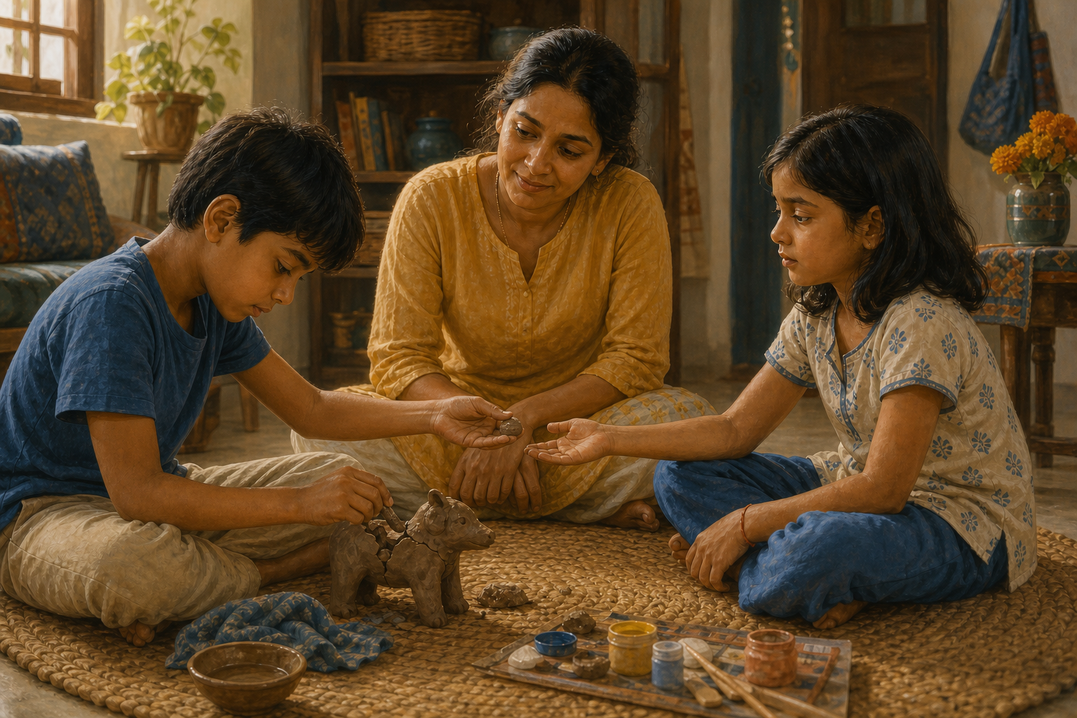 Two siblings sit with a parent as one child repairs the other's broken clay animal and offers a new piece of clay.