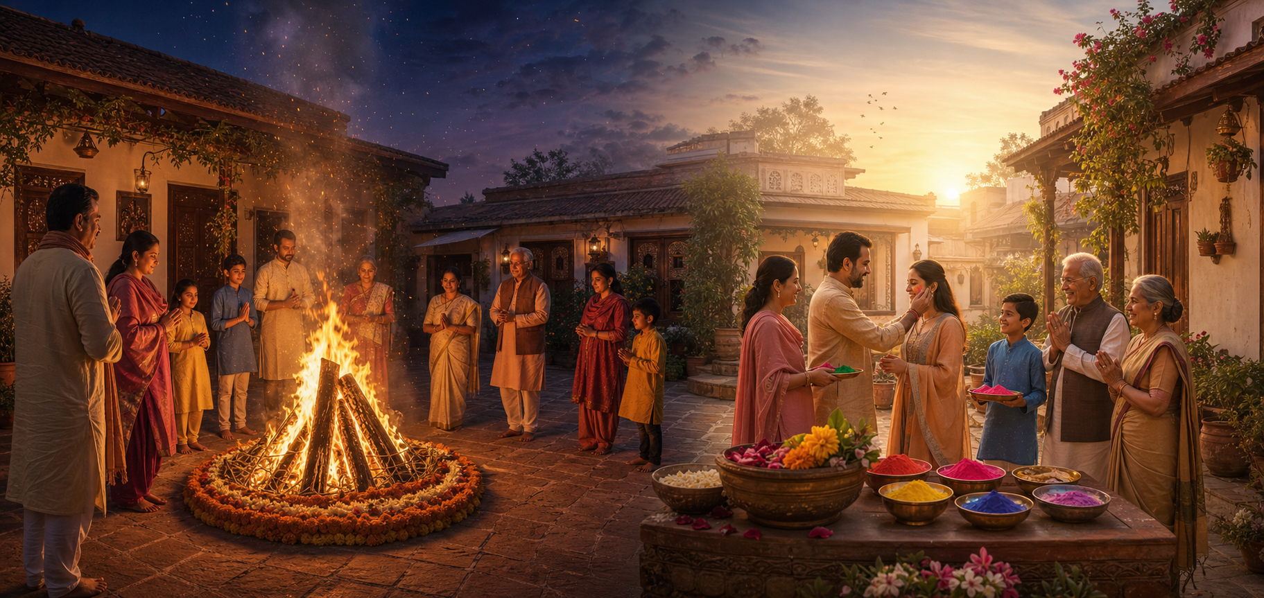 A twilight Holika Dahan bonfire transitions into a morning courtyard prepared with bowls of color for Dhuleti.